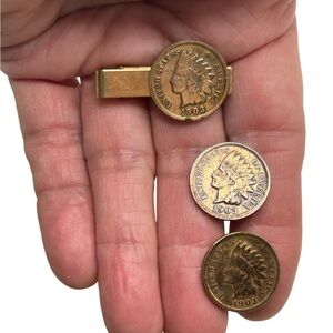 Vintage 1903 Indian Head Penny Cuff Links Tie Bar